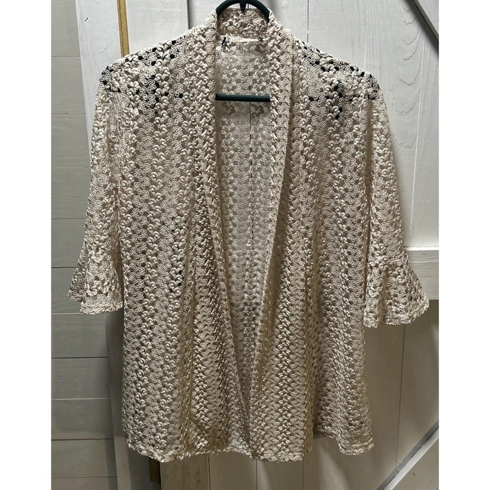 Spring Summer Lace Cover-Up Beige Lightweight  Cardigan 3/4 Bell Sleeves No Tags